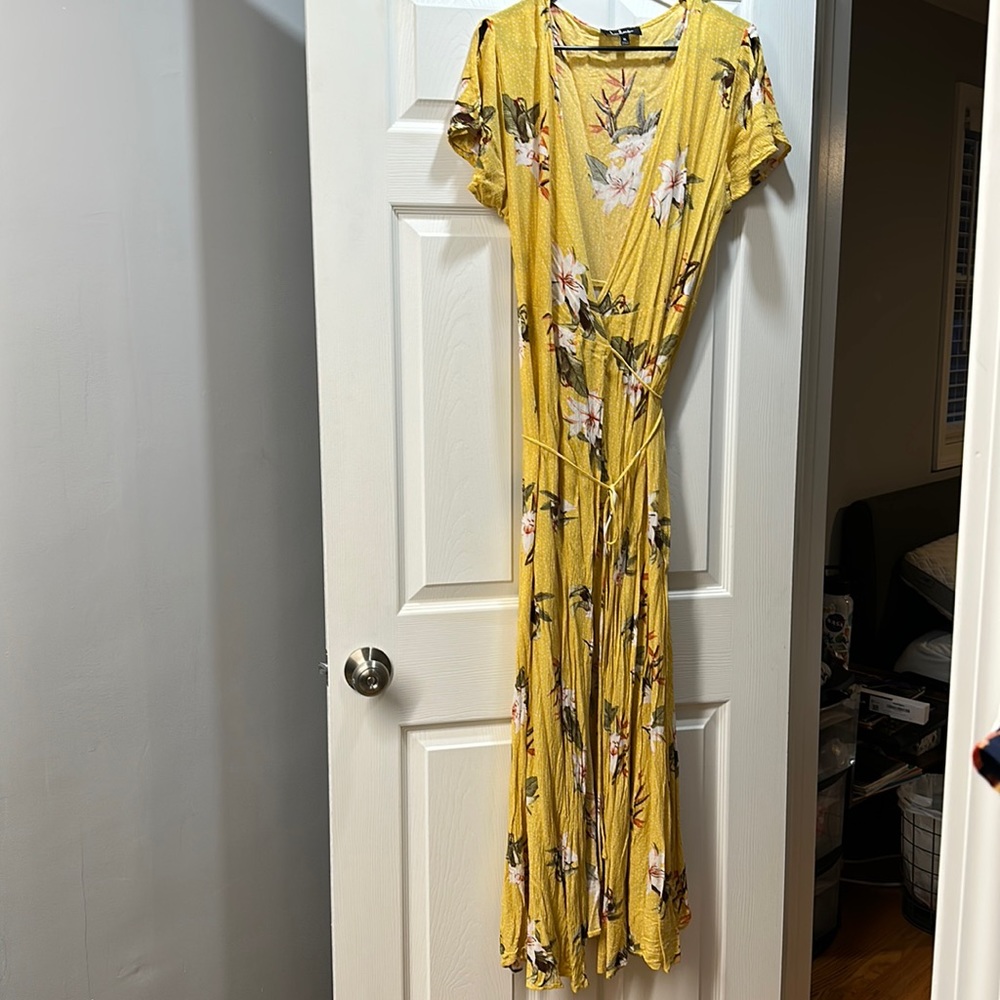 Heart of Marigold Yellow Tropical Print Wrap Maxi Dress